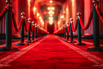 Red carpet is laid out in a hallway with red and silver metal barriers. The red carpet is a symbol of glamour and luxury, and the metal barriers add a sense of formality and elegance to the scene