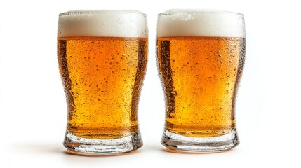 Two glasses of cold beer with condensation on the outside on a white background.