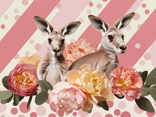 Eastern grey kangaroos playing with oversized flowers, surrounded by a studio background with pastel dots, stripes, and abstract floral designs.