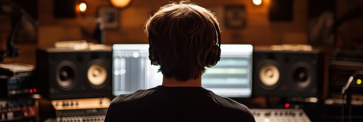 Focused audio engineer in headphones working on music production in a professional recording studio, surrounded by monitors and sound equipment.