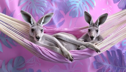 Eastern grey kangaroos lounging in hammocks, surrounded by neon-colored palm leaves and retro patterns on a vibrant studio background.