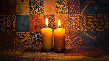 Warmth and Tranquility: Two burning candles illuminate a richly patterned background, casting a soft glow and evoking a sense of peace and serenity.  