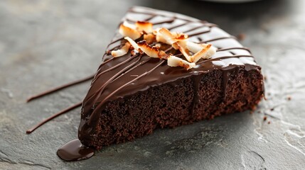 Chocolate coconut flour cake with rich ganache topping, isolated on a gray stone surface, garnished with toasted coconut flakes and a drizzle of chocolate