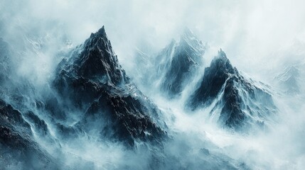 Two majestic mountain peaks pierce through a thick blanket of swirling clouds, creating an ethereal and awe-inspiring scene.