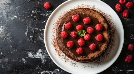 Chocolate raspberry cake with glossy ganache, isolated on a white porcelain plate, garnished with fresh raspberries and a light dusting of cocoa powder