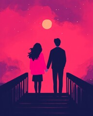 Poster - A couple holding hands against a vibrant sunset backdrop.