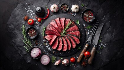 Wall Mural - sliced beef in the middle of the black background, flat lay top view