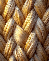 Sticker - Close-up of intricately woven golden straw rope, showcasing its textured fibers and natural shine. The warm colors create a rustic and earthy ambiance.