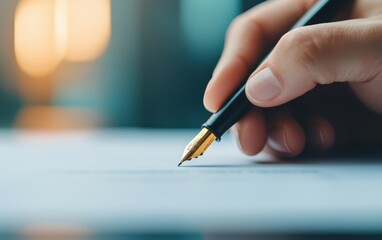 Hand holding a fountain pen, signing documents in an office environment.