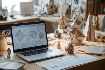 Leinwandbilder - A bright workspace showcases a laptop with geometric designs, surrounded by paper models and sketches scattered on a wooden table. Generative AI