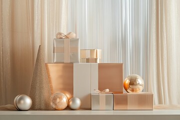 Aufkleber - A collection of stylish gift boxes and shimmering ornaments are beautifully arranged on a table, creating a festive atmosphere. Generative AI
