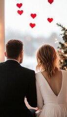 Canvas Print - A couple sitting together, admiring heart decorations by a window.