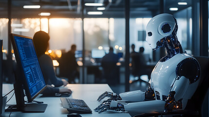 Wall Mural - artificial intelligence robots working at computer in a modern office, data center. people and artif
