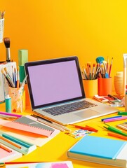 Poster - A laptop sits centered on a bright yellow desk cluttered with colorful stationery, notebooks, and art supplies, creating a lively workspace. Generative AI