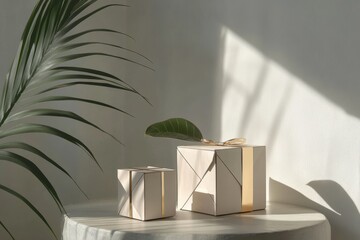Aufkleber - Geometric gift boxes are placed elegantly on a round table, complemented by palm greenery and gentle shadows from the sunlight. Generative AI
