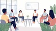 © Prichachai - Illustration of a group discussion in a modern office setting with diverse professionals seated in a circle engaging in conversation.