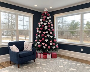 Poster - A cozy room with a heart-themed Christmas tree and gifts.