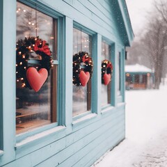 Wall Mural - A cozy winter scene with heart-shaped wreaths on a blue building.