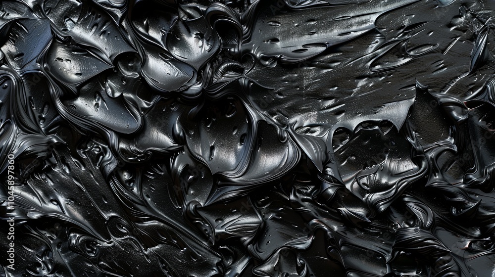 Texture of black thick bitumen. The paint is thick and has a coarse ...