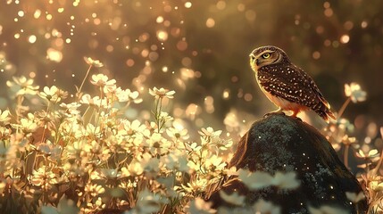 Wall Mural -   An owl perched atop a rock amidst a sea of wildflowers, bathed in soft light