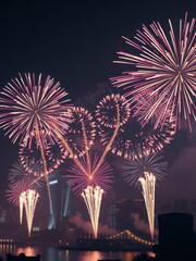 Vibrant fireworks display, night sky, celebration, colorful explosions, pink and white bursts, reflections on water, dark background, festive atmosphere, pyrotechnic show, sparkling lights, New Year's