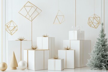 Aufkleber - Geometric gift boxes in white and gold are elegantly displayed alongside a tree, creating a festive atmosphere for celebrations. Generative AI