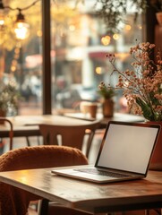 Poster - A laptop sits on a wooden table in a cozy café, illuminated by warm afternoon light with flowers in the background. Generative AI