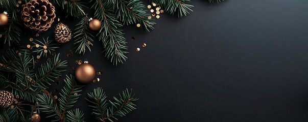 Fir tree branches frame on black background with golden decorations. Christmas and New Year celebration concept. Winter season holiday. Design for greeting card, invitation, banner with copy space