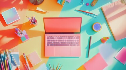 Poster - A cheerful workspace featuring a laptop surrounded by colorful stationery, pens, and crafting materials invites creativity. Generative AI