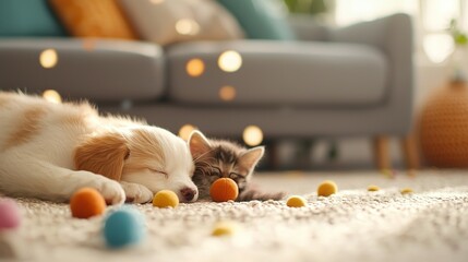 Wall Mural -   A feline resting beside a kitten with its head atop a multicolored sphere