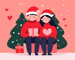 Poster - A festive couple in Christmas attire sharing gifts and love.