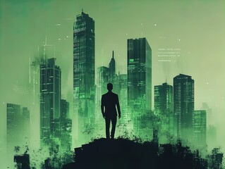 Futuristic Urban Development Poster: A Business Professional Against a Green Skyline, Symbolizing Innovation and Progress in Modern Architecture for Inspiring Sports Interiors.