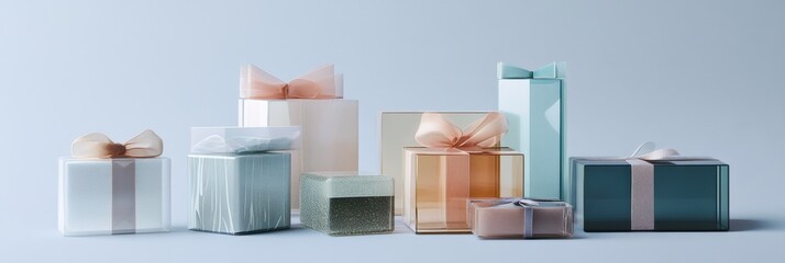 An arrangement of beautifully styled, clear geometric gift boxes adorned with soft ribbons creates a festive atmosphere. Generative AI