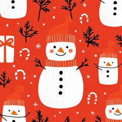 Poster - A festive pattern featuring snowmen, candy canes, and presents on a red background.