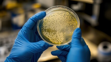 Aufkleber - A researcher in blue gloves inspects a petri dish containing bacterial cultures during a lab session at night. Generative AI