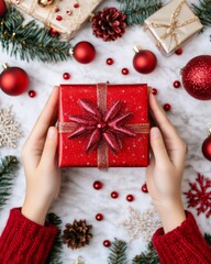 Wall Mural - A festive red gift box held in hands, surrounded by holiday decorations.