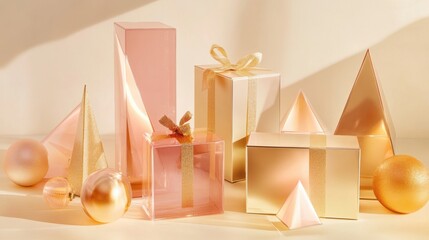 Aufkleber - Various stylish geometric shapes styled as gift boxes are elegantly arranged, creating a warm and inviting atmosphere perfect for celebrations. Generative AI