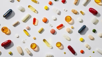 Aufkleber - A variety of vitamins, dietary supplements, and healthy foods spread out on a clean white surface, highlighting wellness and nutrition. Generative AI