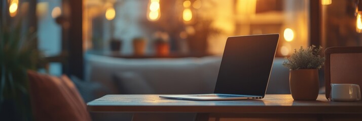 Poster - A sleek laptop rests on a rustic table in a warmly illuminated space, creating a peaceful atmosphere ideal for work or relaxation. Generative AI