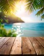© jeksonjs - Rustic wooden table under palm leaves with a stunning tropical beach view at sunset. Generative AI