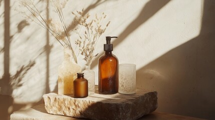 Poster - Glass bottles of various shapes and sizes sit on a light-colored rock. The bottles are in the sunlight and cast shadows on the surface of the rock.