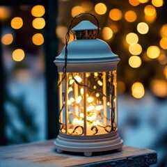 Wall Mural - A white lantern with fairy lights inside, set against a bokeh background of warm, festive lights.