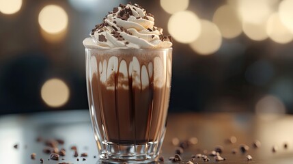 A glass of hot chocolate topped with whipped cream and chocolate shavings.