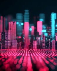 Canvas Print - A futuristic cityscape with glowing skyscrapers and digital elements.