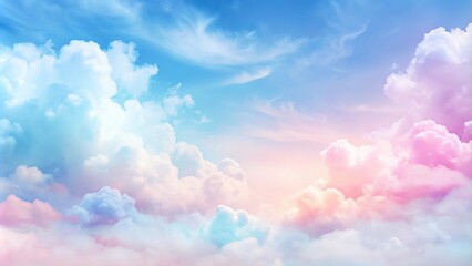 Wall Mural - Soft pink, blue, white watercolor pastel sky with fluffy clouds in wide-angle view