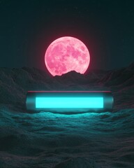 Sticker - A futuristic landscape with a glowing object and a large pink moon.