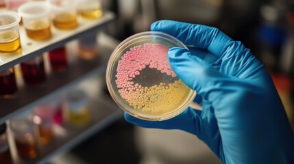 Poster - A lab technician holds a petri dish containing vibrant colored cultures while conducting research in a busy lab environment. Generative AI