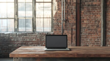 Poster - A laptop sits on a wooden table, illuminated by natural light from large windows in a rustic setting with exposed brick walls. Generative AI