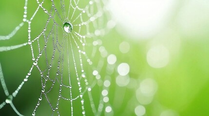 Sticker -   Close-up of spider web with water droplets on green background