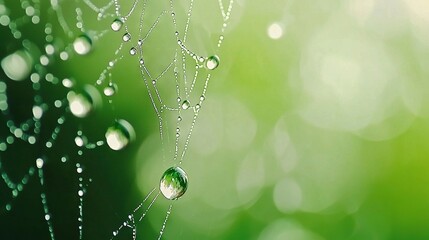 Wall Mural -   A macro shot of a spider web adorned with water droplets against a lush green backdrop